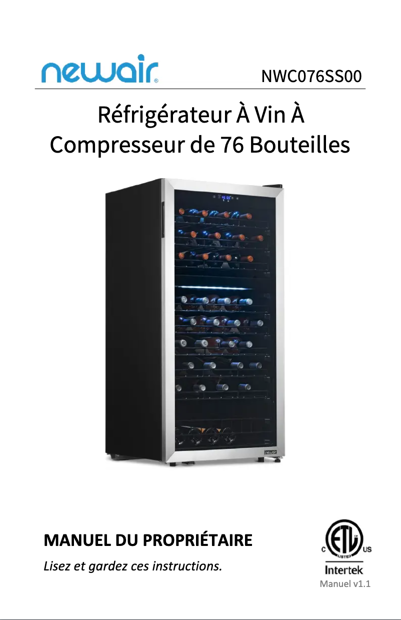 Page n°1 - Manuel utilisateur NewAir NWC076SS00