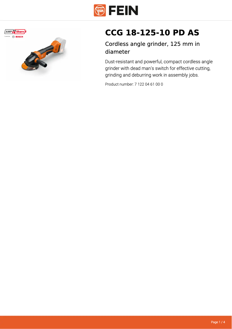 Page n°1 - Fiche technique Fein CCG 18-125-10 PD AS