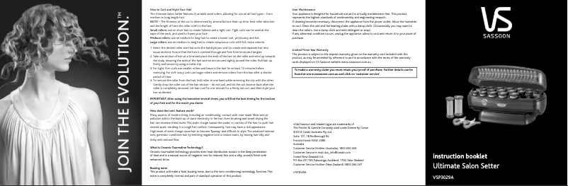 Page 1 de la notice Manuel utilisateur VS Sassoon Ultimate Salon Setter VSP3029A
