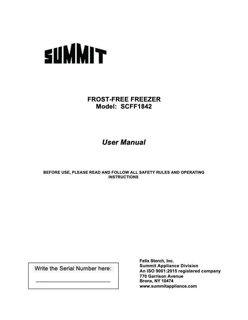 Page n°1 - Manuel d'utilisation et d'entretien Summit SCFF1842CSSADA