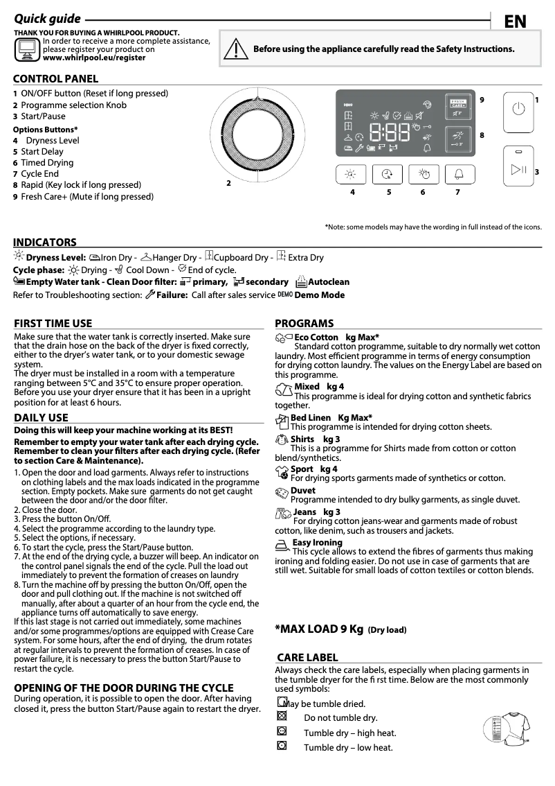 Page 1 de la notice Mode d'emploi Whirlpool FFT M11 9X2BXY BE