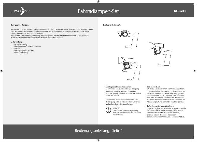 Page n°1 - Manuel utilisateur Lunartec NC-3203