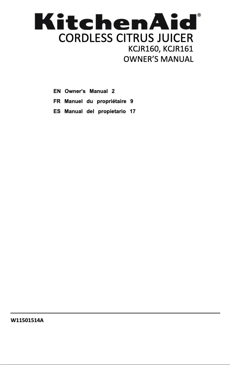 Page 1 de la notice Manuel utilisateur KitchenAid KCJR161