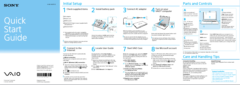 Page n°1 - Guide d'installation Sony Vaio SVE14A15FDB