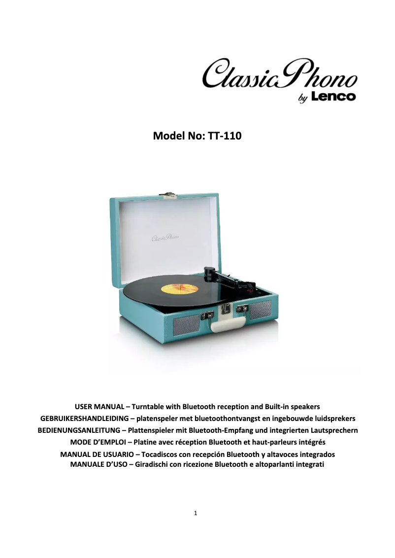 Page 1 de la notice Manuel utilisateur Lenco Classic Phono TT-110