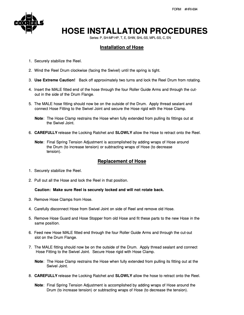 Page 1 de la notice Guide d'installation Coxreels C-HP-135-135
