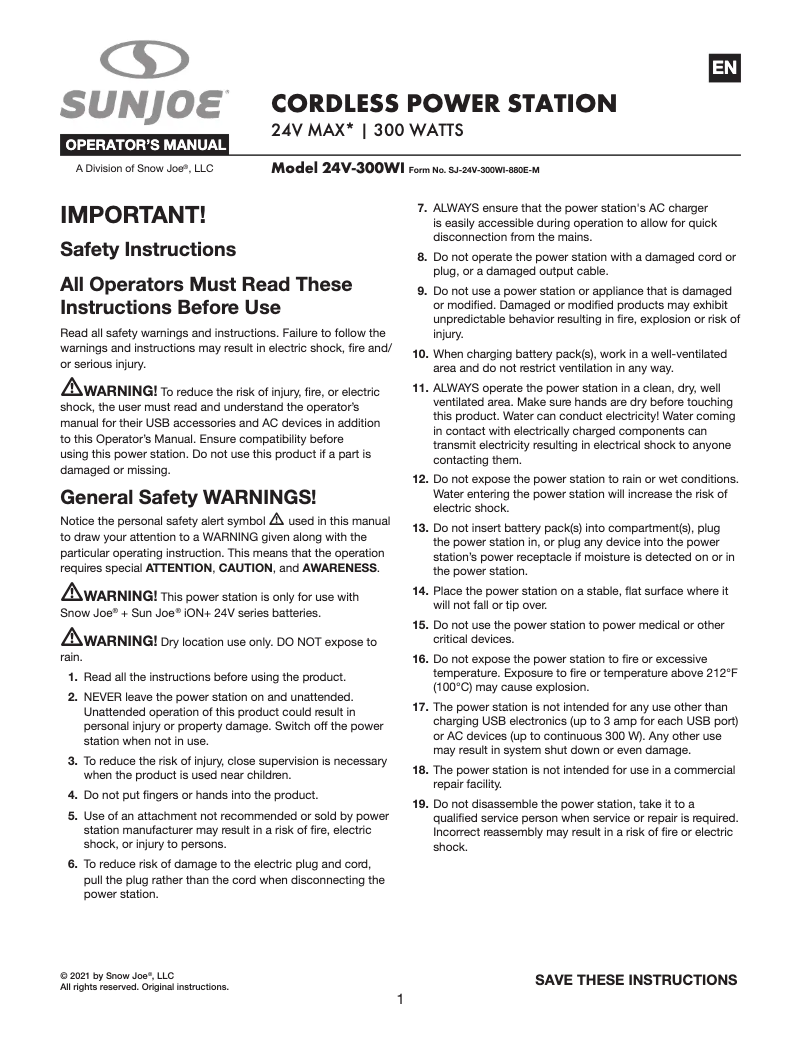 Page 1 of the manual User Manual Sun Joe 24V-300WI