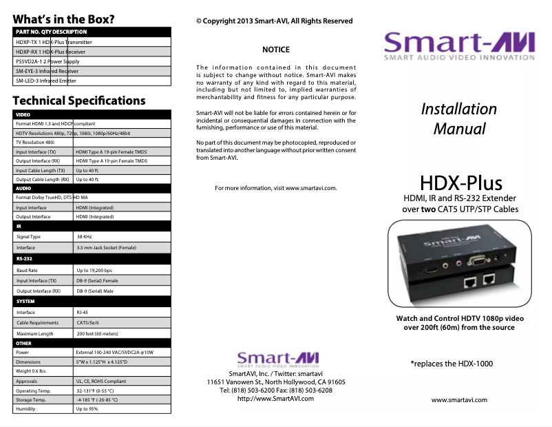 Page n°1 - Manuel utilisateur Smart-AVI HDX-PlusS