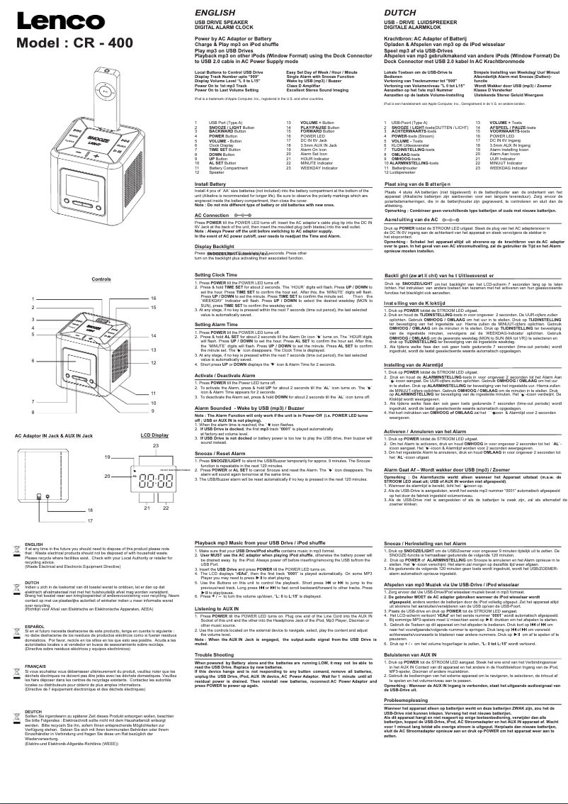 Page 1 de la notice Manuel utilisateur Lenco CR-400