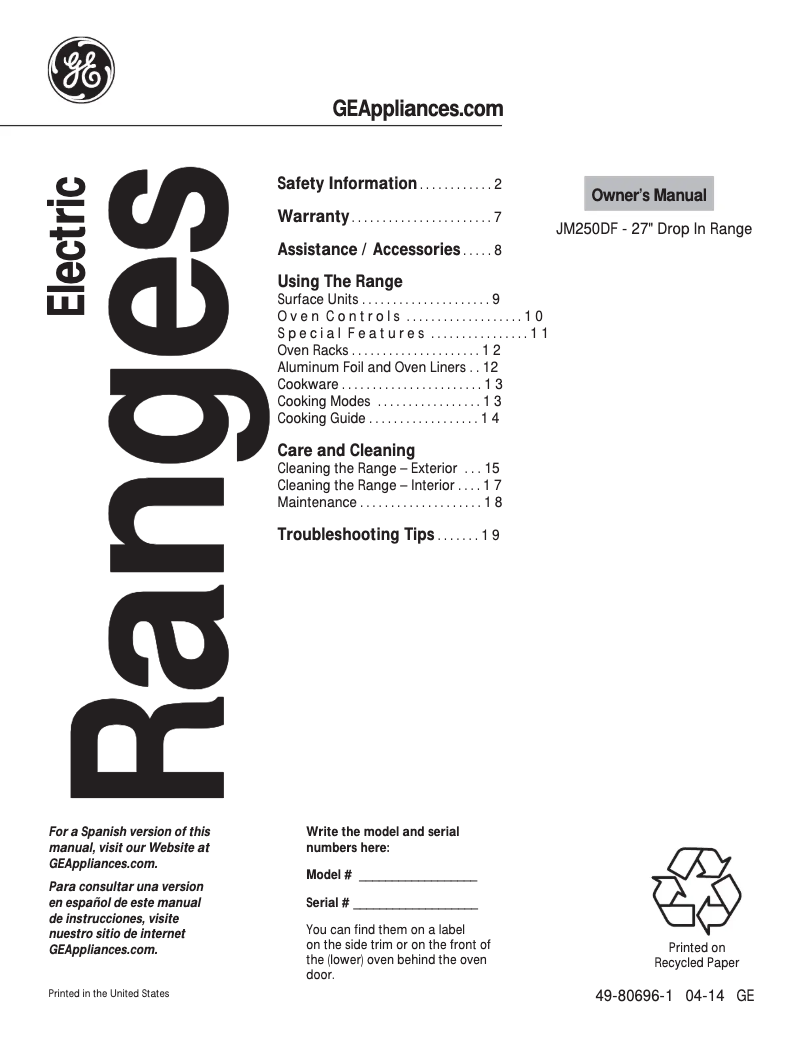 Page 1 de la notice Mode d'emploi GE JM250DFBB