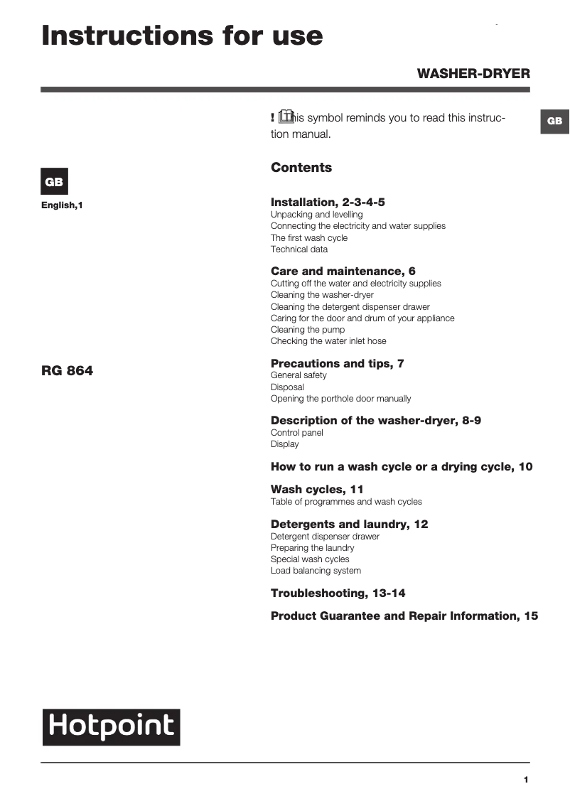 Page n°1 - Manuel utilisateur Hotpoint RG 864 S UK
