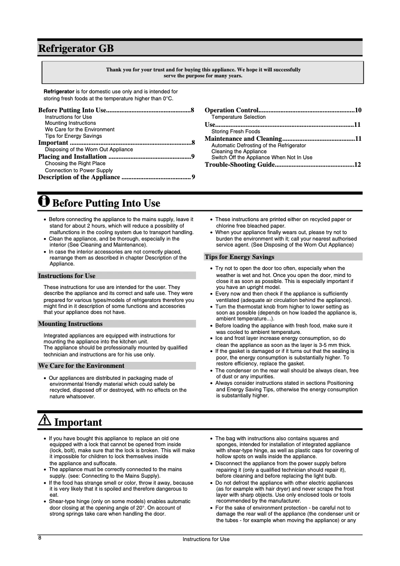 Page n°1 - Manuel utilisateur Gorenje RI1502LA