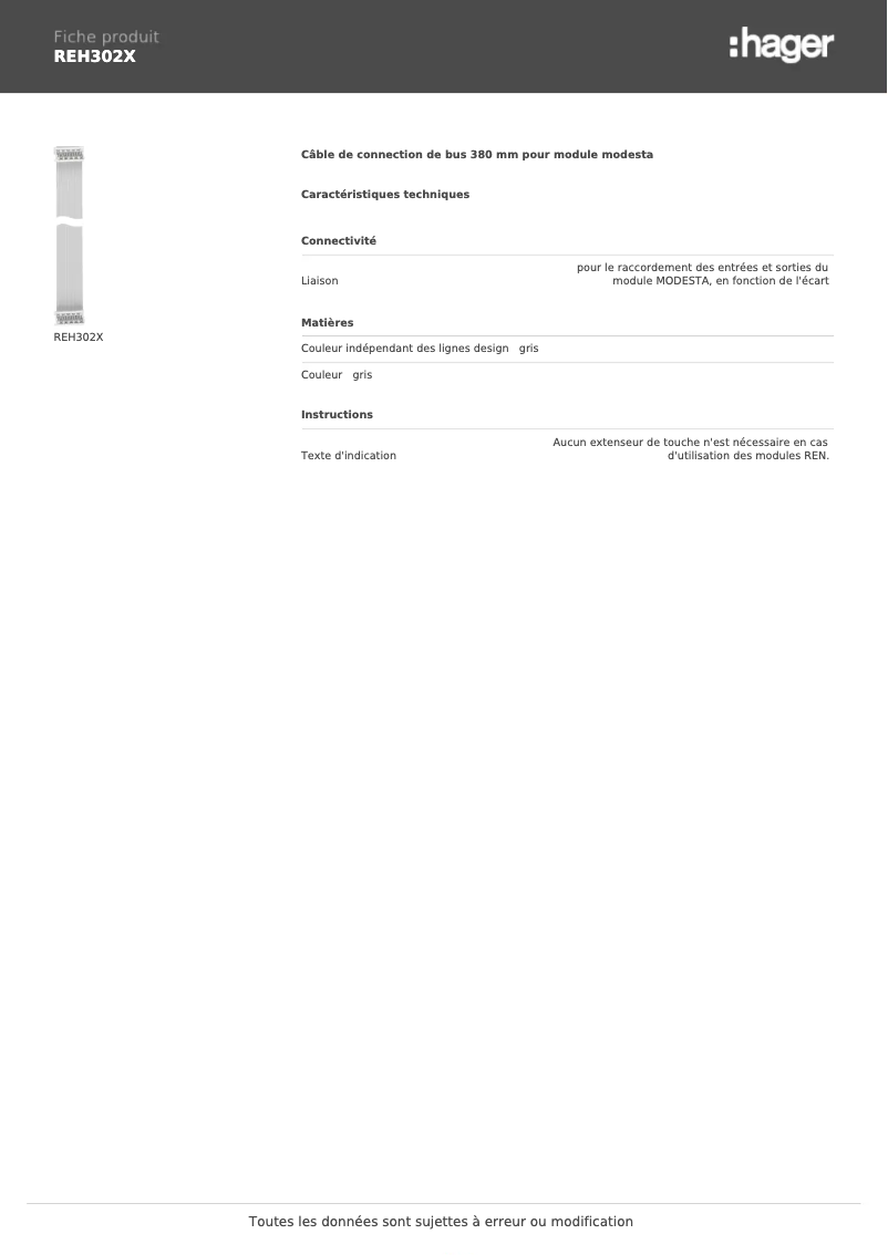 Page 1 de la notice Fiche technique Hager REH302X