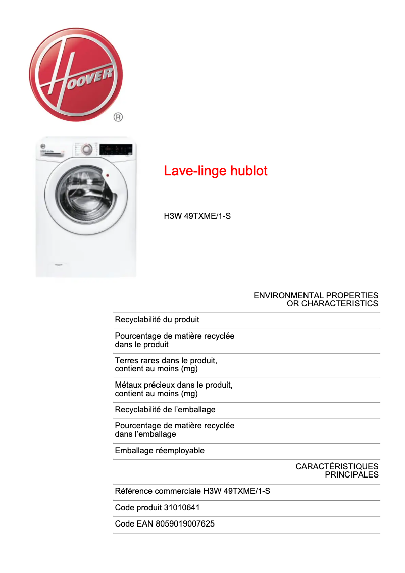 Page n°1 - Fiche technique Hoover H3W 49TXME/1-S