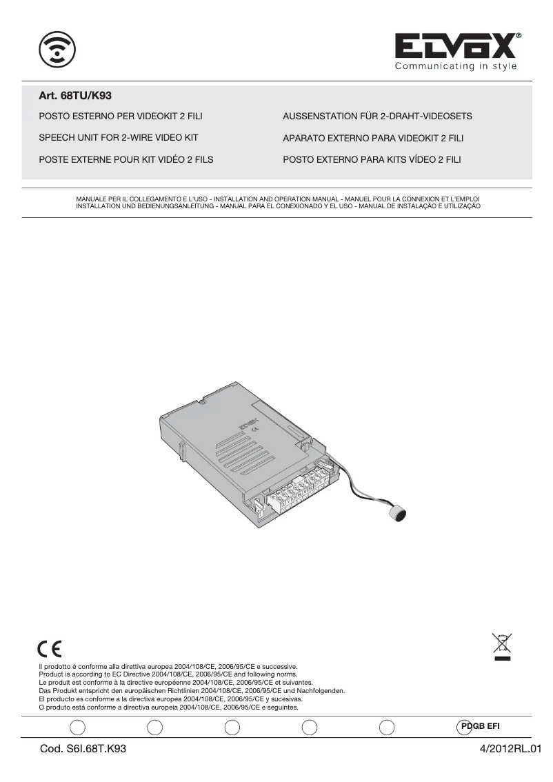 Page 1 de la notice Manuel utilisateur Vimar ELVOX 68TU/K93