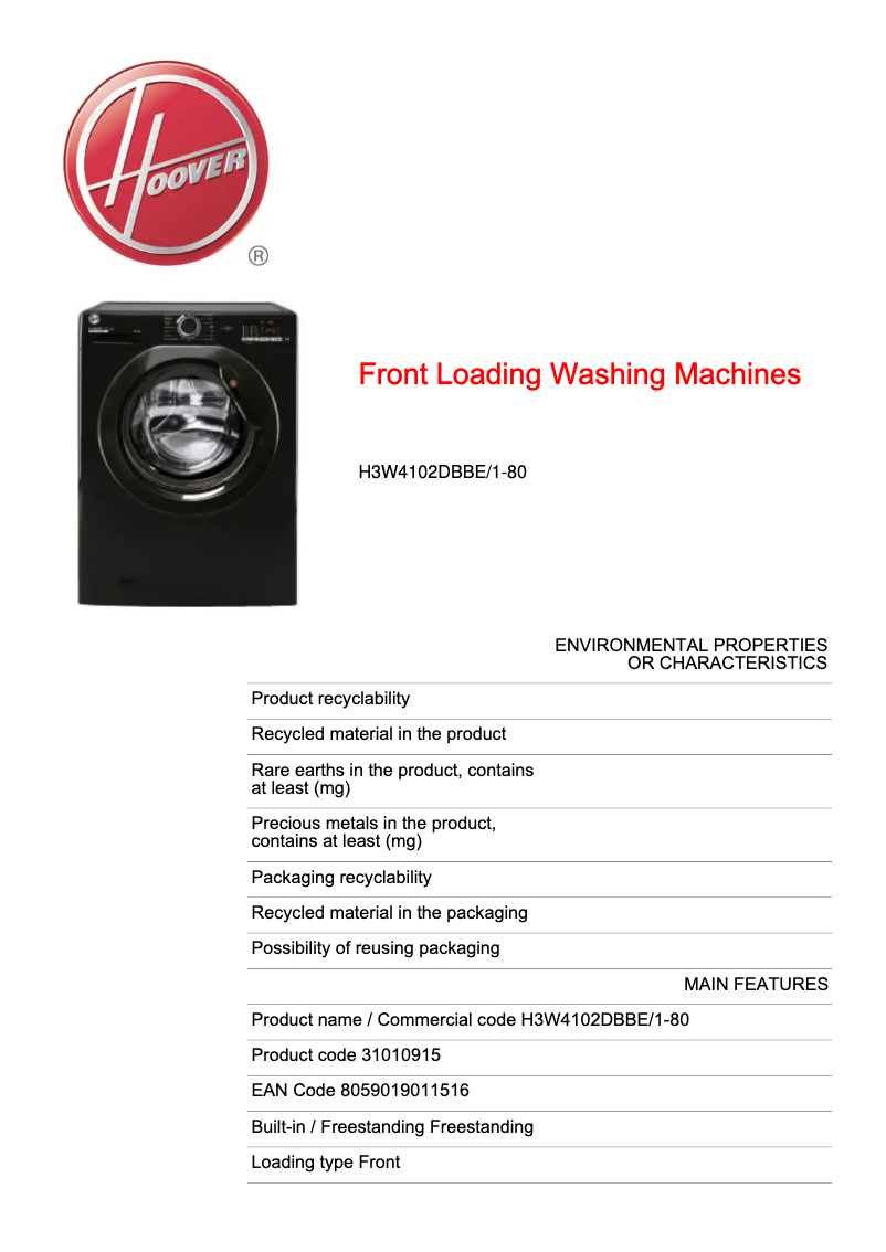 Page n°1 - Fiche technique Hoover H-WASH 300 LITE H3W4102DBBE/1-80