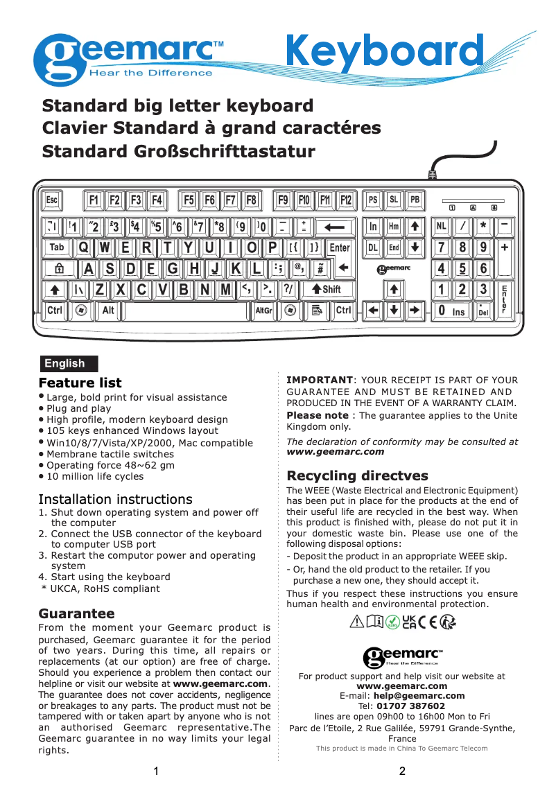 Page n°1 - Manuel utilisateur Geemarc Keyboard