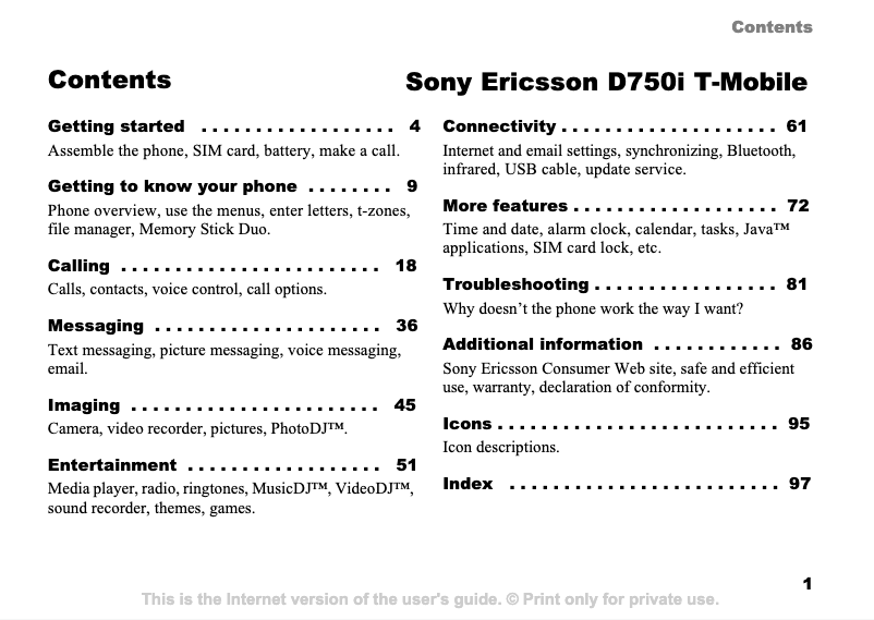 Page n°1 - Manuel utilisateur Sony Ericsson D750i