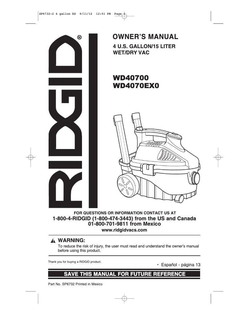 Page n°1 - Manuel utilisateur Ridgid WD40700