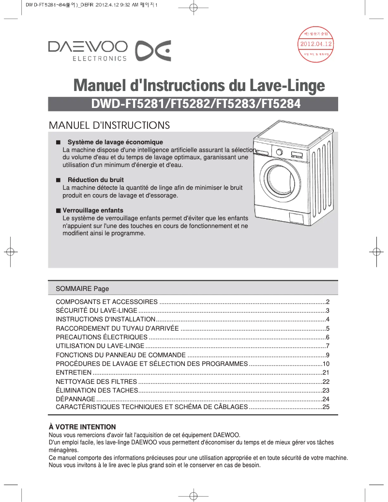 Page 1 de la notice Manuel utilisateur Daewoo DWD-FT5283