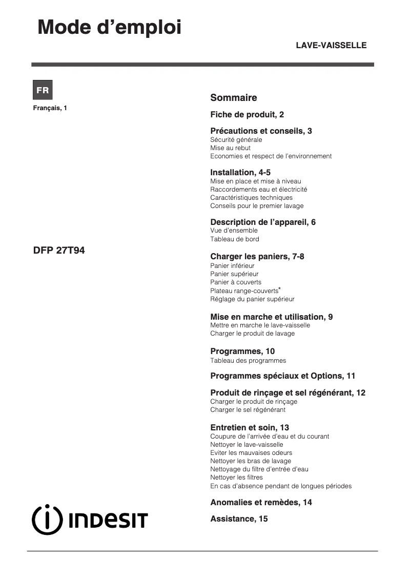 Image de la première page du manuel de l'appareil DFP 27T94 A