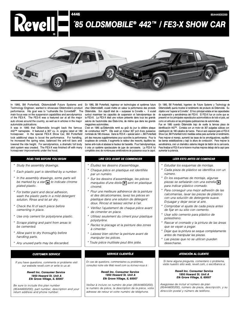 Page 1 de la notice Manuel utilisateur Revell '85 Oldsmobile 442/FE3-X Show Car