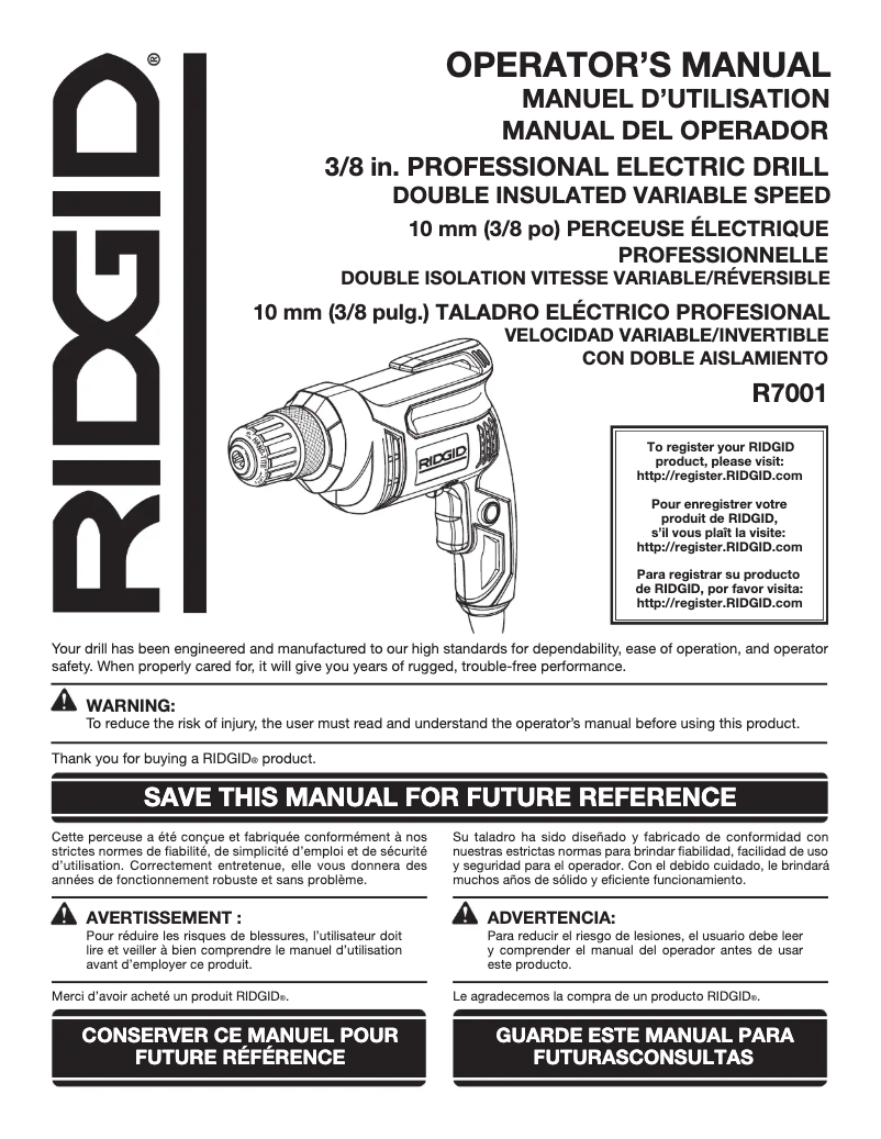 Page n°1 - Manuel utilisateur Ridgid R7001