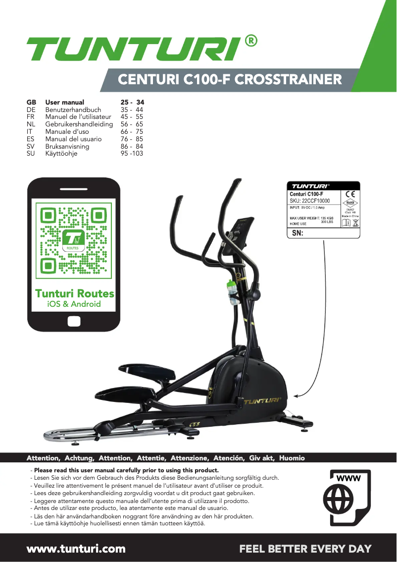 Page 1 de la notice Manuel utilisateur Tunturi Centuri C100-F