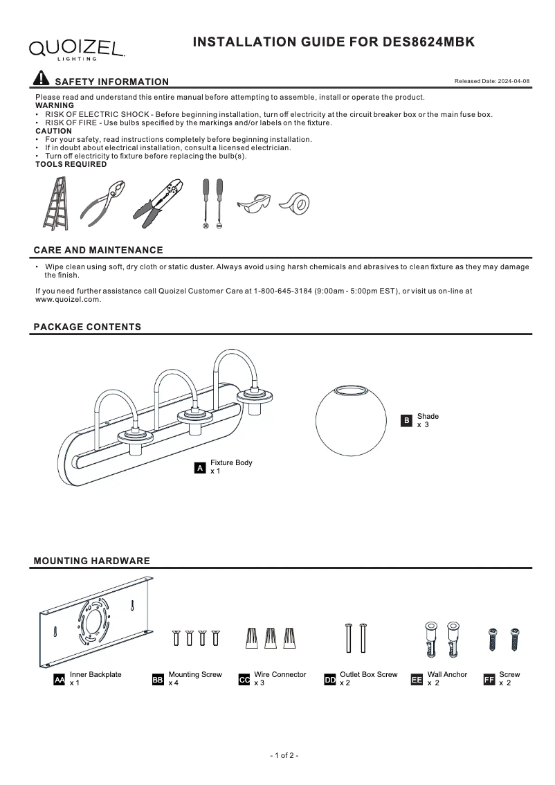 Page n°1 - Manuel utilisateur Quoizel Desmond DES8624MBK