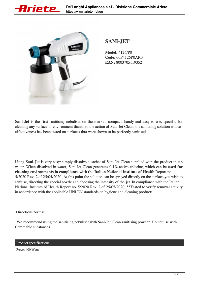 Image de la première page du manuel de l'appareil Sani-Jet 4126