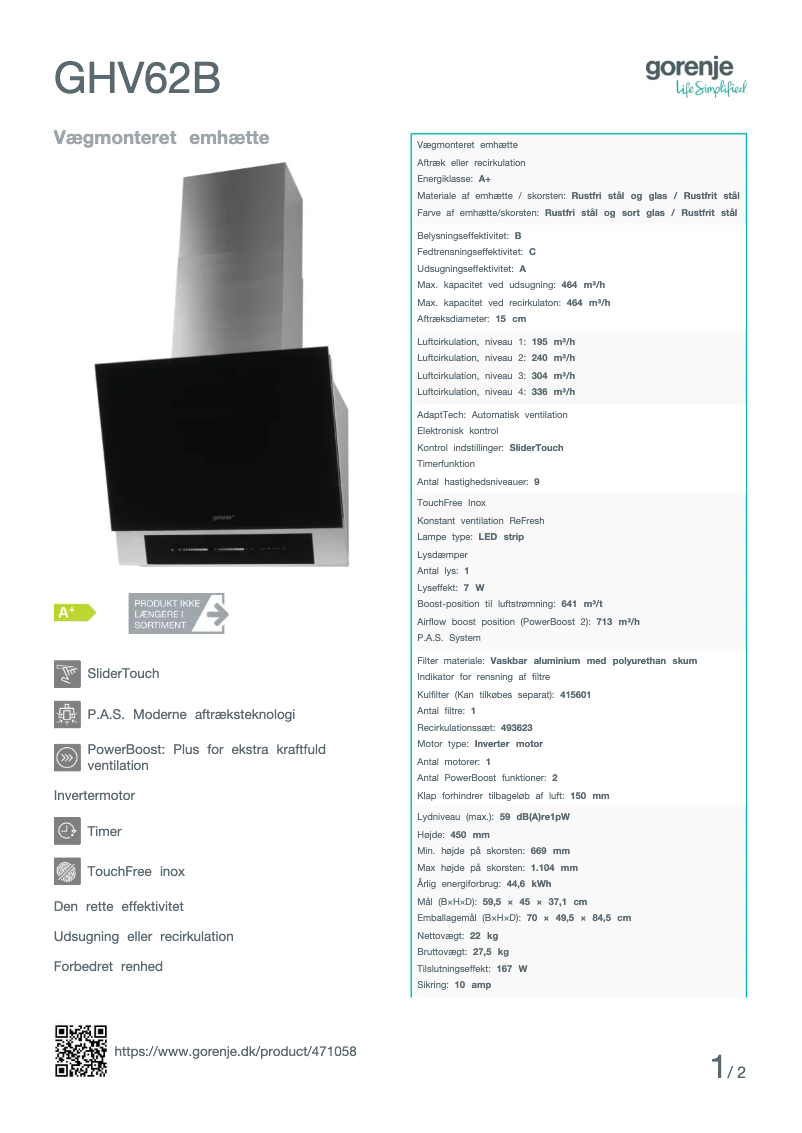 Page n°1 - Fiche technique Gorenje GHV62B