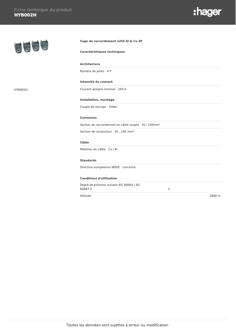 Page 1 de la notice Fiche technique Hager HYB002H