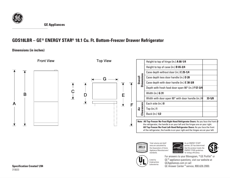 Page n°1 - Fiche technique GE GDS18LBRCC