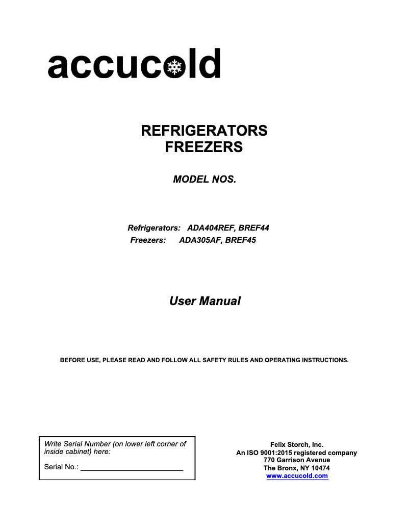Page n°1 - Manuel utilisateur Accucold ADA404REF
