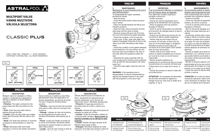 Page 1 de la notice Manuel utilisateur AstralPool Classic Plus