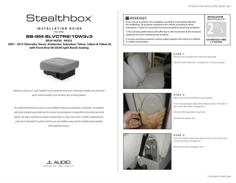 Page 1 de la notice Manuel utilisateur JL Audio Stealthbox SB-GM-SLVCTR2/10W3v3/DG