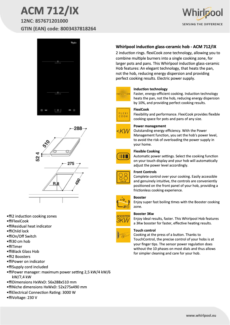 Page 1 de la notice Fiche technique Whirlpool ACM 712/IX