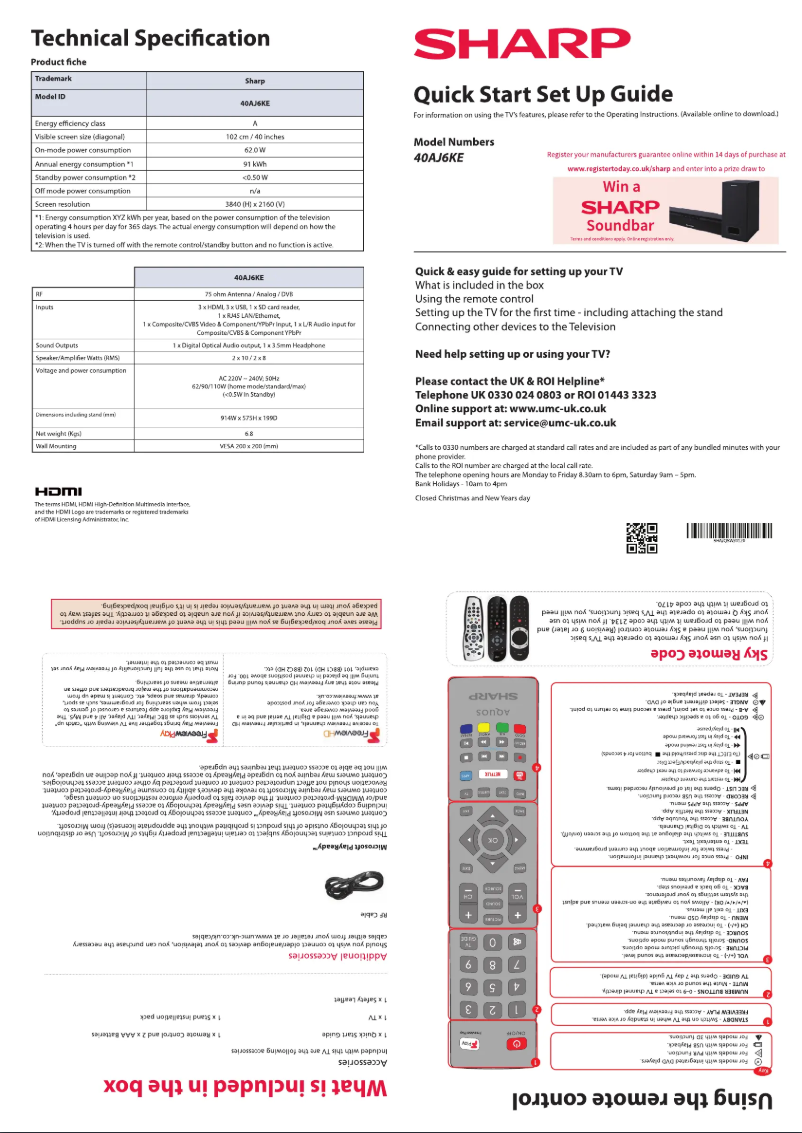 Page 1 de la notice Guide de démarrage rapide Sharp 40AJ6KE