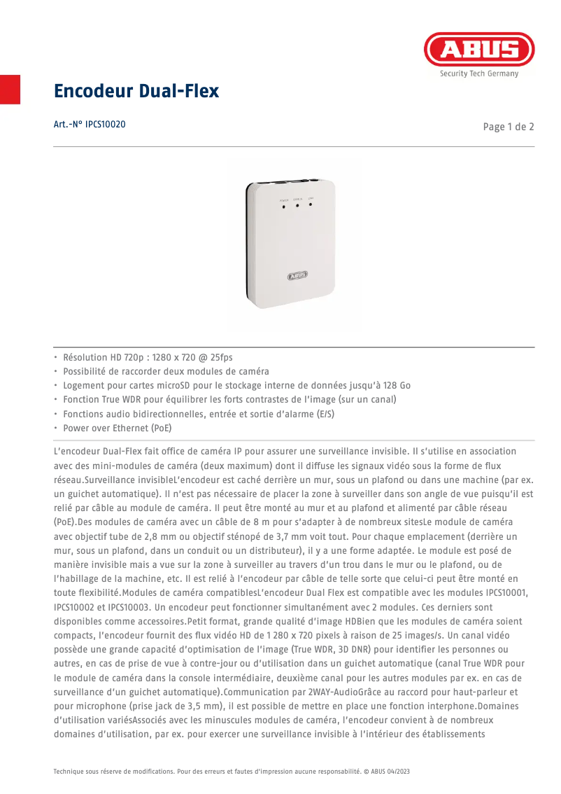 Page 1 de la notice Fiche technique Abus IPCS10020