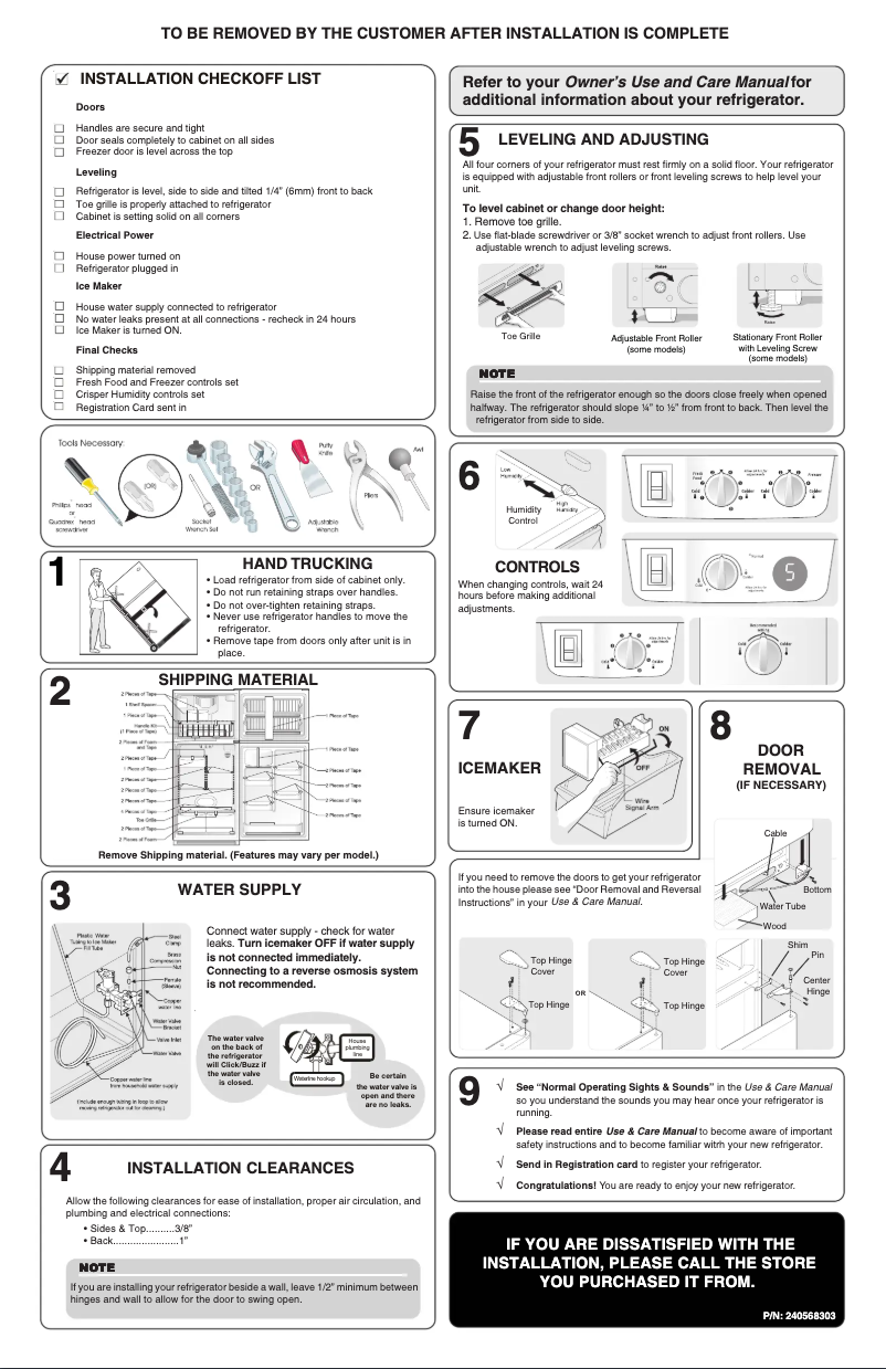 Page 1 de la notice Guide d'installation Frigidaire FRT21S6JK