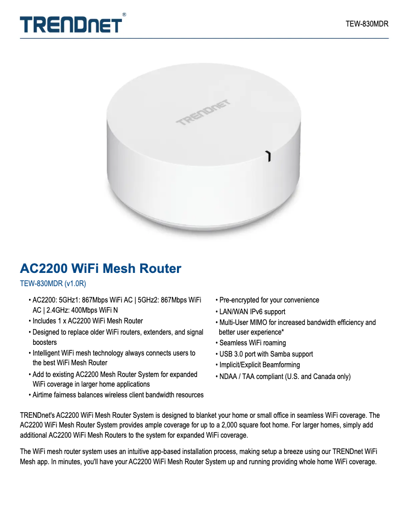 Page n°1 - Fiche technique TRENDnet TEW-830MDR