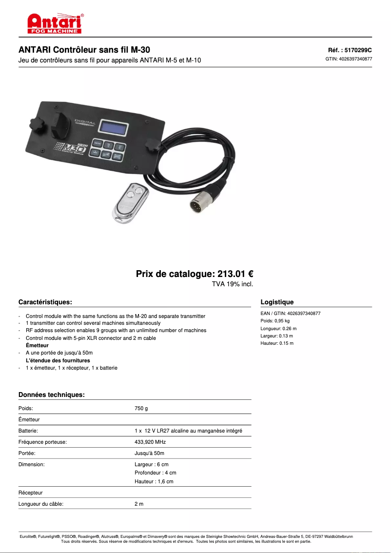 Page 1 de la notice Fiche technique Antari M-30
