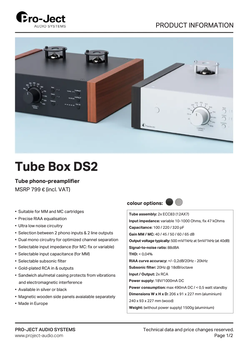 Page n°1 - Fiche technique Pro-Ject Tube Box DS2