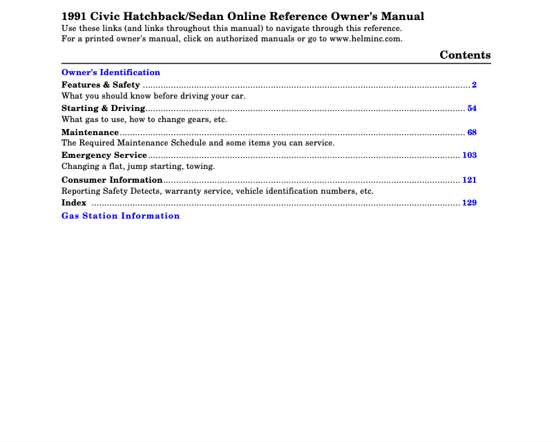 Page 1 de la notice Manuel utilisateur Honda Civic Hatchback Sedan (1991)