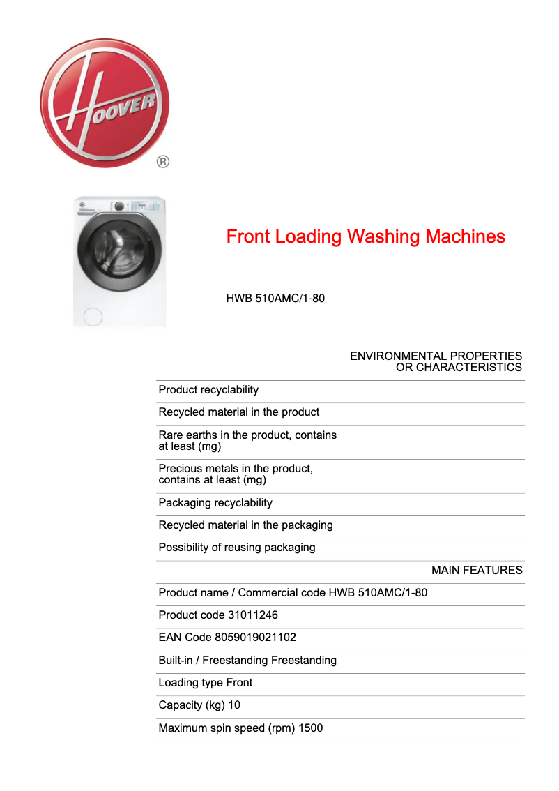 Page n°1 - Fiche technique Hoover HWB 510AMC/1-80