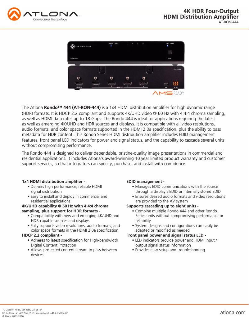 Página 1 del manual Ficha técnica Atlona AT-RON-444