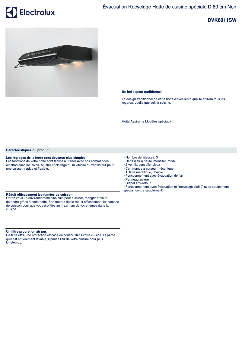 Page 1 de la notice Fiche technique Electrolux DVK6011SW