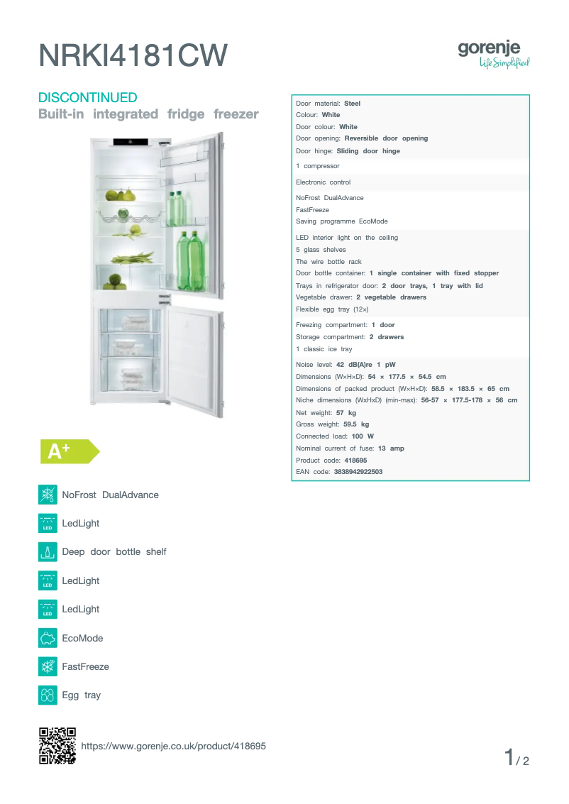 Page 1 de la notice Fiche technique Gorenje NRKI4181CW