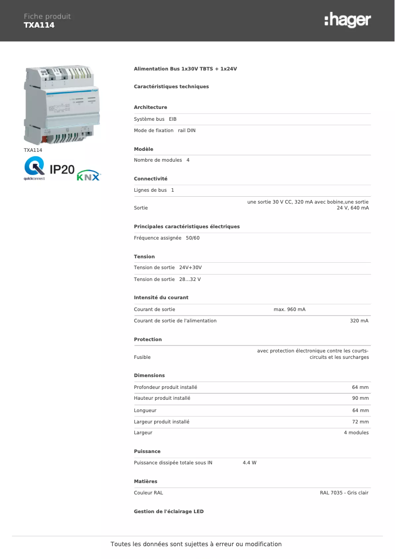 Page 1 de la notice Fiche technique Hager TXA114