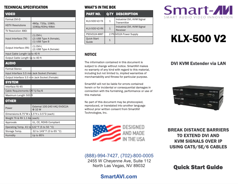 Page 1 de la notice Manuel utilisateur Smart-AVI KLX-500-V2